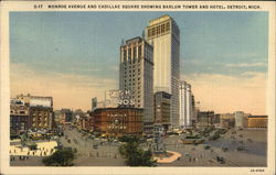 Monroe Avenue and Cadillac Square Showing Barlum Tower and Hotel Detroit, MI Postcard Postcard Postcard