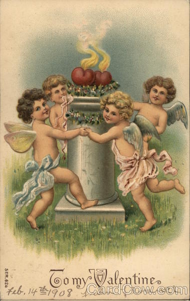 Cupids dancing around a column with hearts.