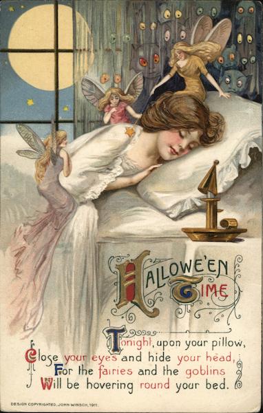 Halloween Fairies and Goblins Around Sleeping Girl