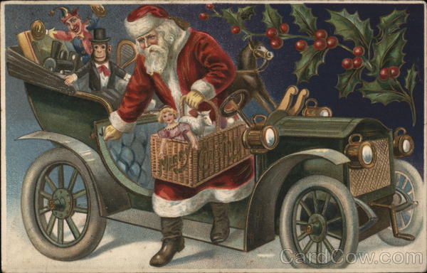 Santa Getting Out of Model T Full of Toys Santa Claus