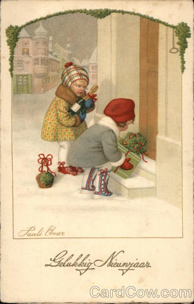 2 children placing gifts on door steps