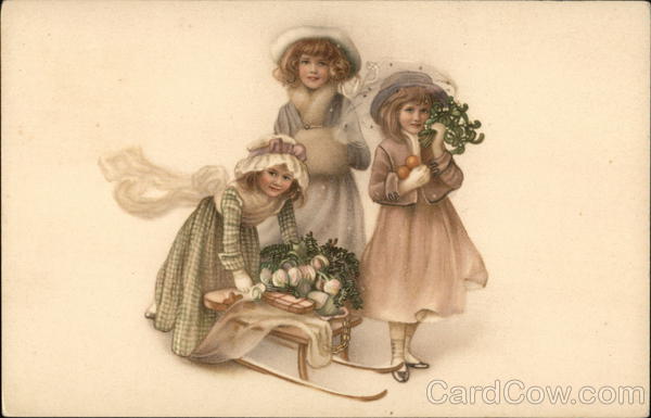 Vintage. 3 Girls with Sled and Christmas Decorations
