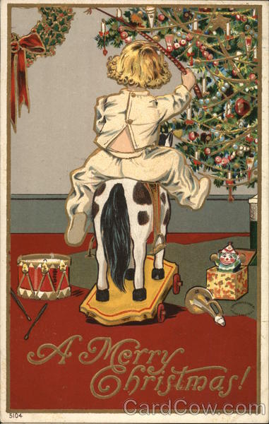 Child On Toy Horse Near Christmas Tree Children
