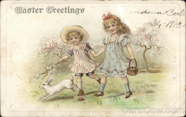 Easter Greetings: Two Girls Run After A Rabbit With Children
