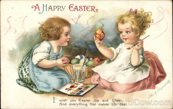 A Happy Easter - Children Coloring Eggs Ellen Clapsaddle