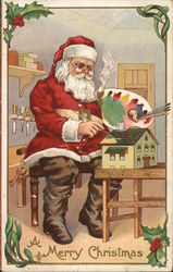 A Merry Christmas - Santa Painting Doll House Postcard