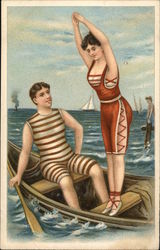 Couple in Swim Costumes in Boat Swimsuits & Pinup Postcard Postcard Postcard