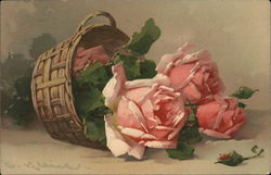 Basket of Pink Roses Flowers Postcard Postcard Postcard