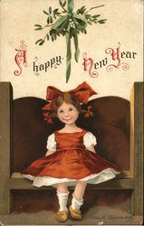 Little Girl with Red Bow Sitting on Bench Under Mistletoe Ellen Clapsaddle Postcard Postcard Postcard