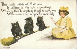 Little Witch with Broomstick and Three Black Cats Halloween Postcard Postcard Postcard