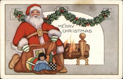 Merry Christmas - Santa with Toys in Front of Fireplace Postcard