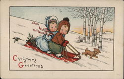 Christmas Greetings - Children Riding Sled Postcard Postcard 
