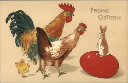 Chicken, Rooster, Chicks, Egg & Bunny Postcard