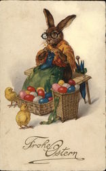 Mother Easter Rabbit Knitting, Baskets of Easter Eggs & Chicks Postcard