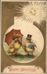 Easter Greetings - Easter Chicks Wearing Hats and Umbrella Easter Greetings - Easter Chicks Wearing Hats and Umbrella