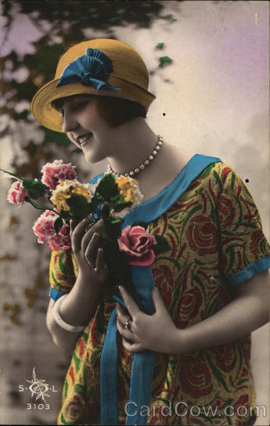 Portrait of Woman Holding Flowers Art Deco