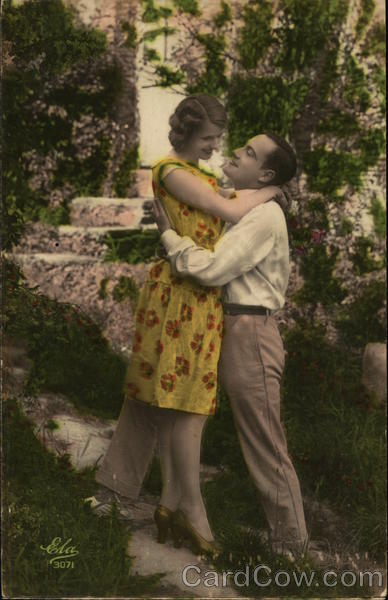 Lovers Embracing on Stone Path Couples
