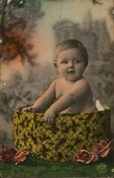 Chubby Baby in Hat Box with Flowers Postcard