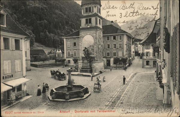 Dorfplatz mit Teildenkmal Altdorf Switzerland