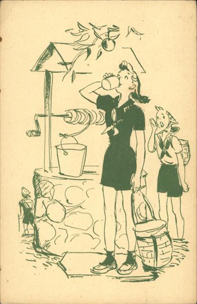 Two Girl Scouts Drinking Water from a Well