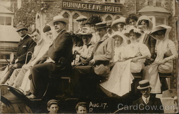 People seated in an early vehicle in front of Runnacleave Hotel, Aug. 17 Ilfracombe Devon UK