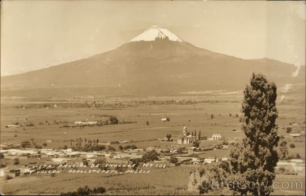 Partial view of Cholula and Popcatepetl Volcano Puebla Mexico