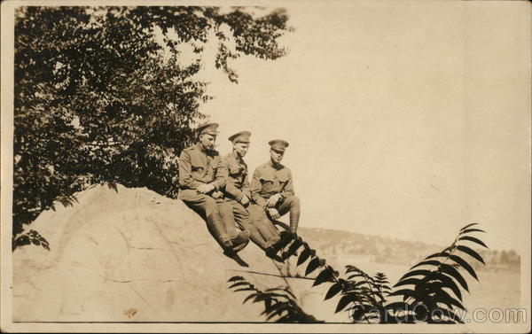Three Soldiers Posing on Rock Military