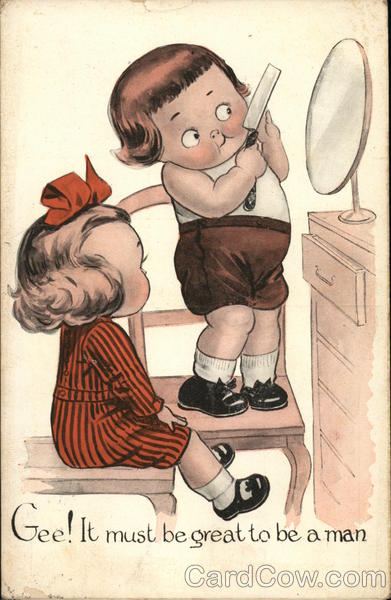 Gee! It must be great to be a man - Children at a dresser;boy attempts shaving