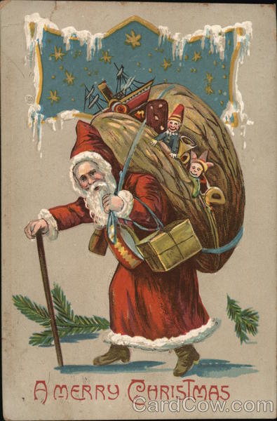 A Merry Christmas: Santa Holding A Walking Stick and a Bag of Toys