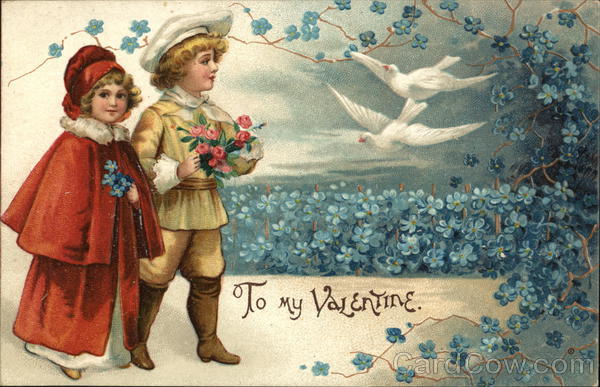 To My Valentine Child - Boy and girl in field of violets doves flying.