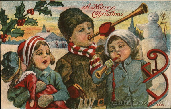 A Merry Christmas. Three children with toys in the snow