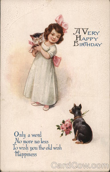 A Very Happy Birthday. A little girl holding a cat a sitting dog holding flowers.