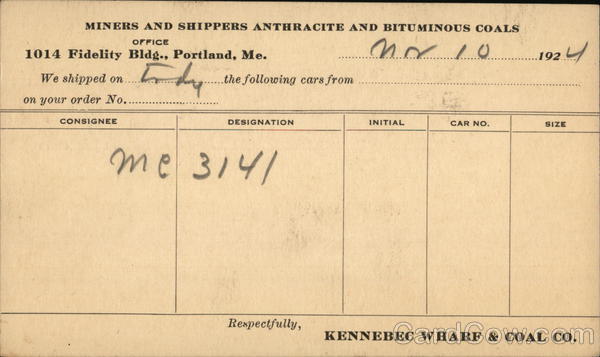 Kennebec Wharf & Coal Co. Portland Maine Advertising