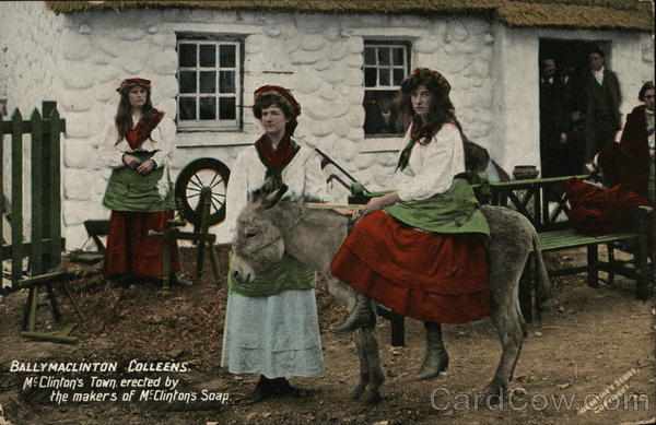 Ballymaclinton Coleens. 3 young woman and a mule (Irish)