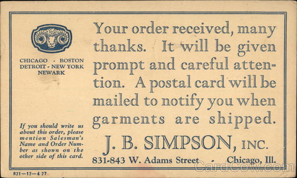 Order Confirmation, J.B. Simpson, Inc. Advertising