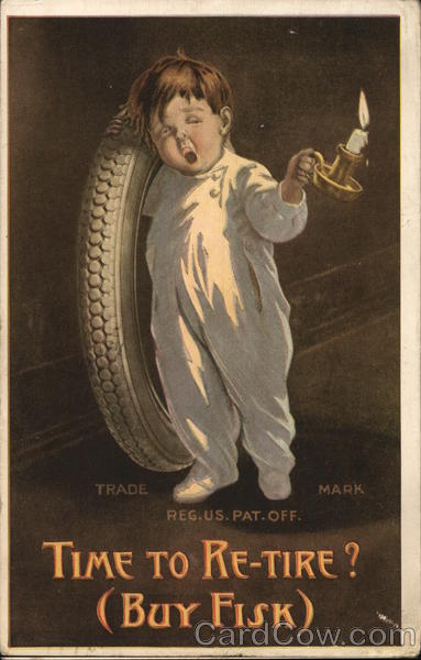 Child Holds a Tire and Candle Advertising