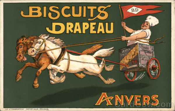 Biscuits Drapeau Anvers: Man Drives Horse Cart While Holding DP Flag