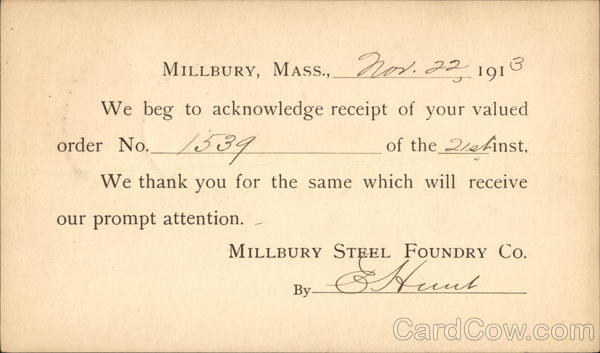 Order Receipt from Millbury Steel Foundry Co. Advertising