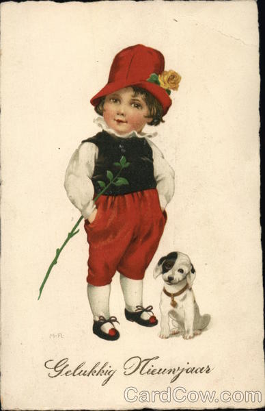 Boy Holds a Long Stem While Standing Near a Puppy Children