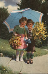 Boy and Girl Under Parasol Postcard