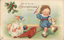 Child Riding a Toy Pony with a Baby in a Cart Children Postcard Postcard Postcard