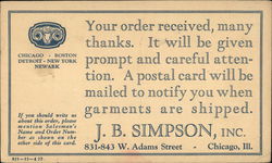 Order Confirmation, J.B. Simpson, Inc. Postcard
