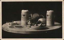 Advertisement Wurzburger Hofbrau B&W Photo of a table set with pub food Postcard