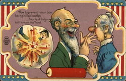 4th of July Cartoon of boy being blown up. Older man speaking to an old woman. Postcard