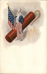 Uncle Sam, American Flag and a Large Fire Cracker Postcard