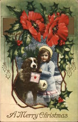 Girl with St. Bernard Carrying Present Children Postcard Postcard Postcard