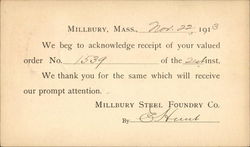 Order Receipt from Millbury Steel Foundry Co. Postcard