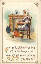 Thanksgiving Greeting: Dutch Woman Seated Next to Hearth Postcard