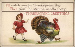 Girl in red dress chasing turkey with salt shaker Girl in red dress chasing turkey with salt shaker