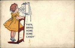 Young Girl Standing on a Chair Speaking into a Vintage Phone. Postcard
